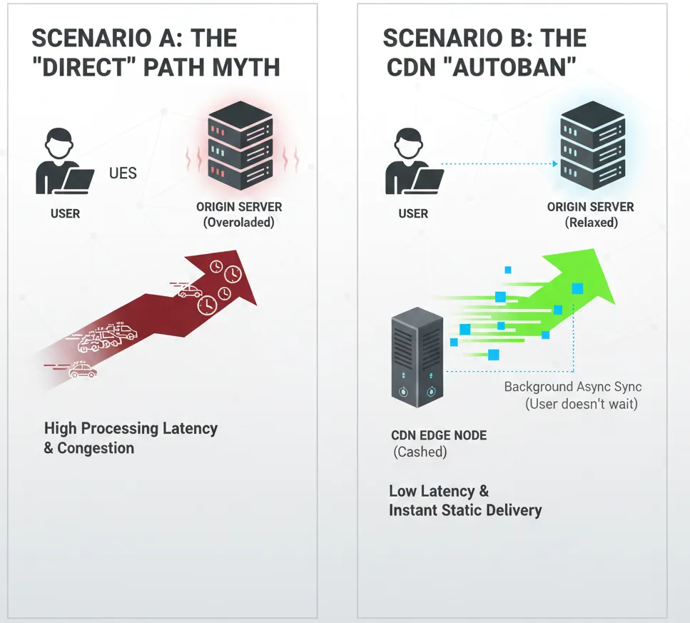 Network latency diagram illustrating how a CDN reduces server load and improves TTFB compared to direct origin connection.