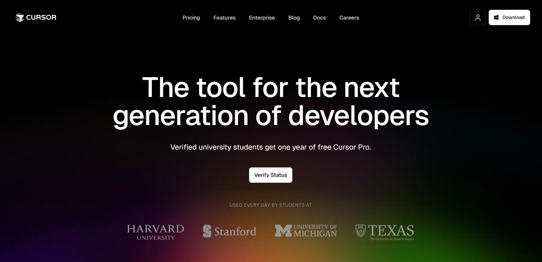 Cursor header page showing the offer for students
