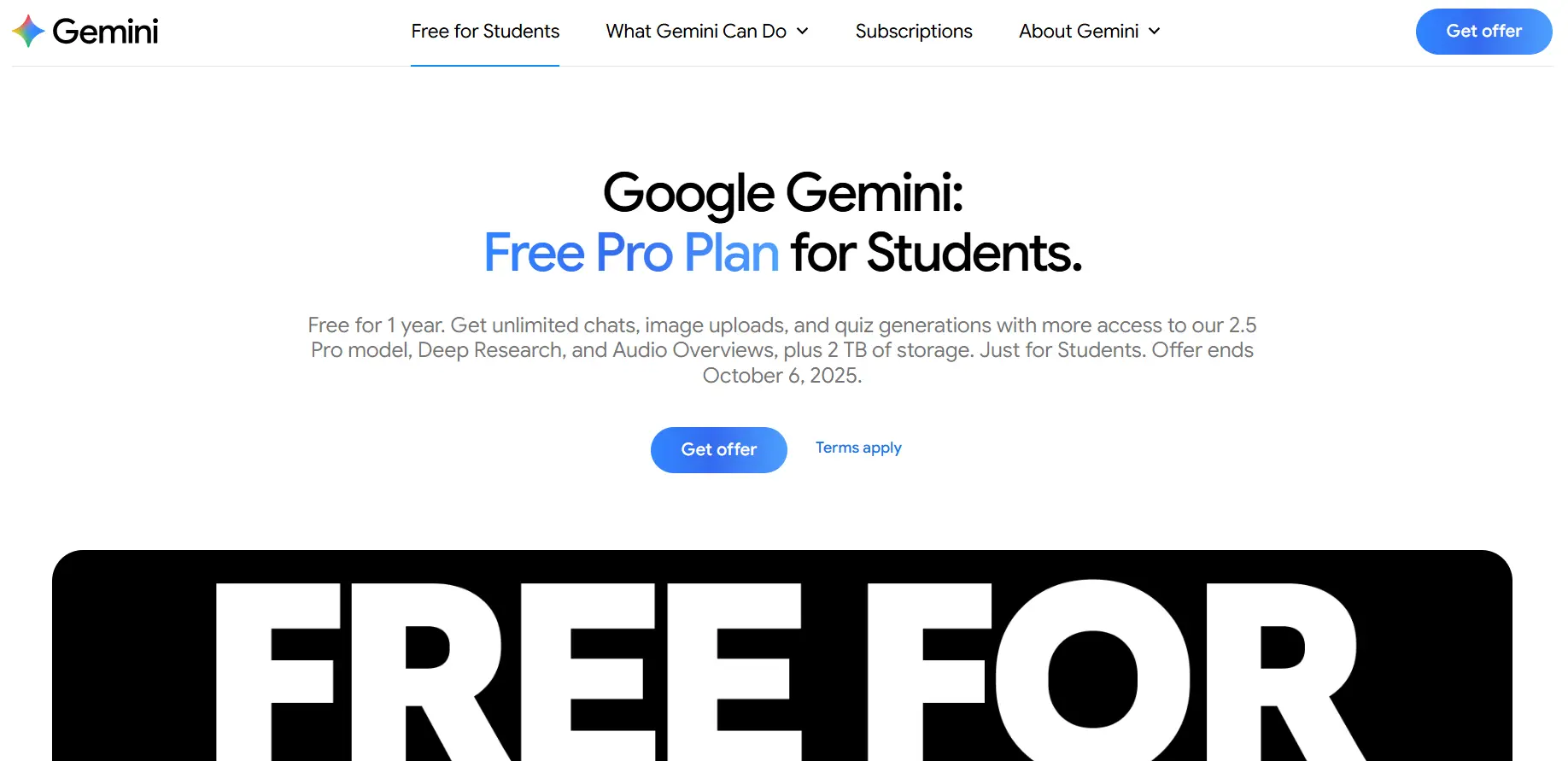 Google header page showing the offer for students of Google Gemini Pro