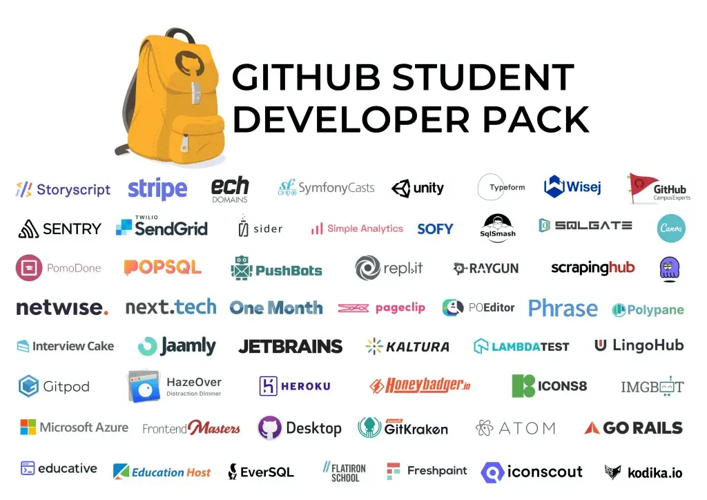 GitHub banner with the icons of the most prominent tools included in the GitHub Student Developer Pack