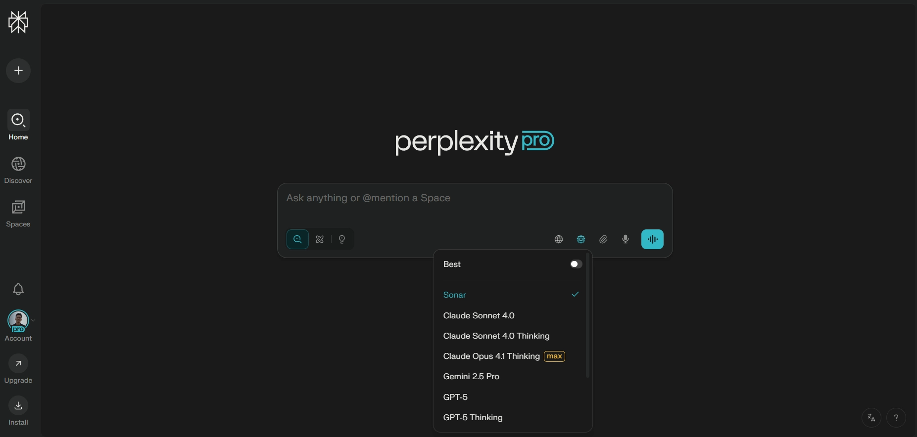 A Perplexity Pro interface showing advanced access to models