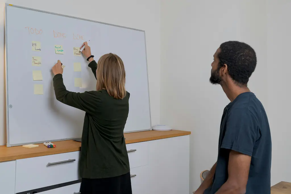 A whiteboard with a list of features